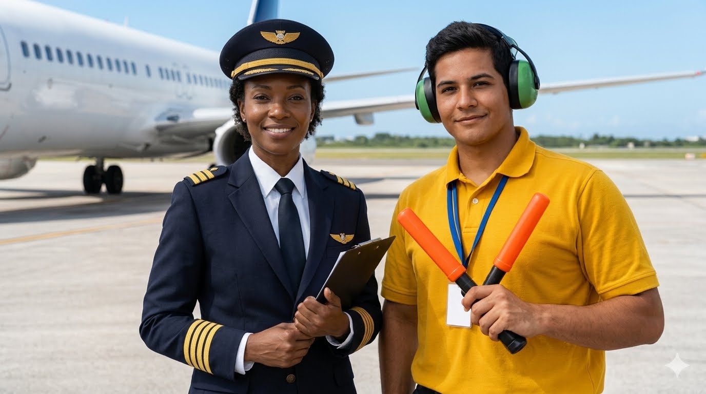 Piloto e profissional de operações aeroportuárias em área de aeroporto, representando seguro aeronáutico, proteção para aeronaves, tripulações, operadores e atividades da aviação.
